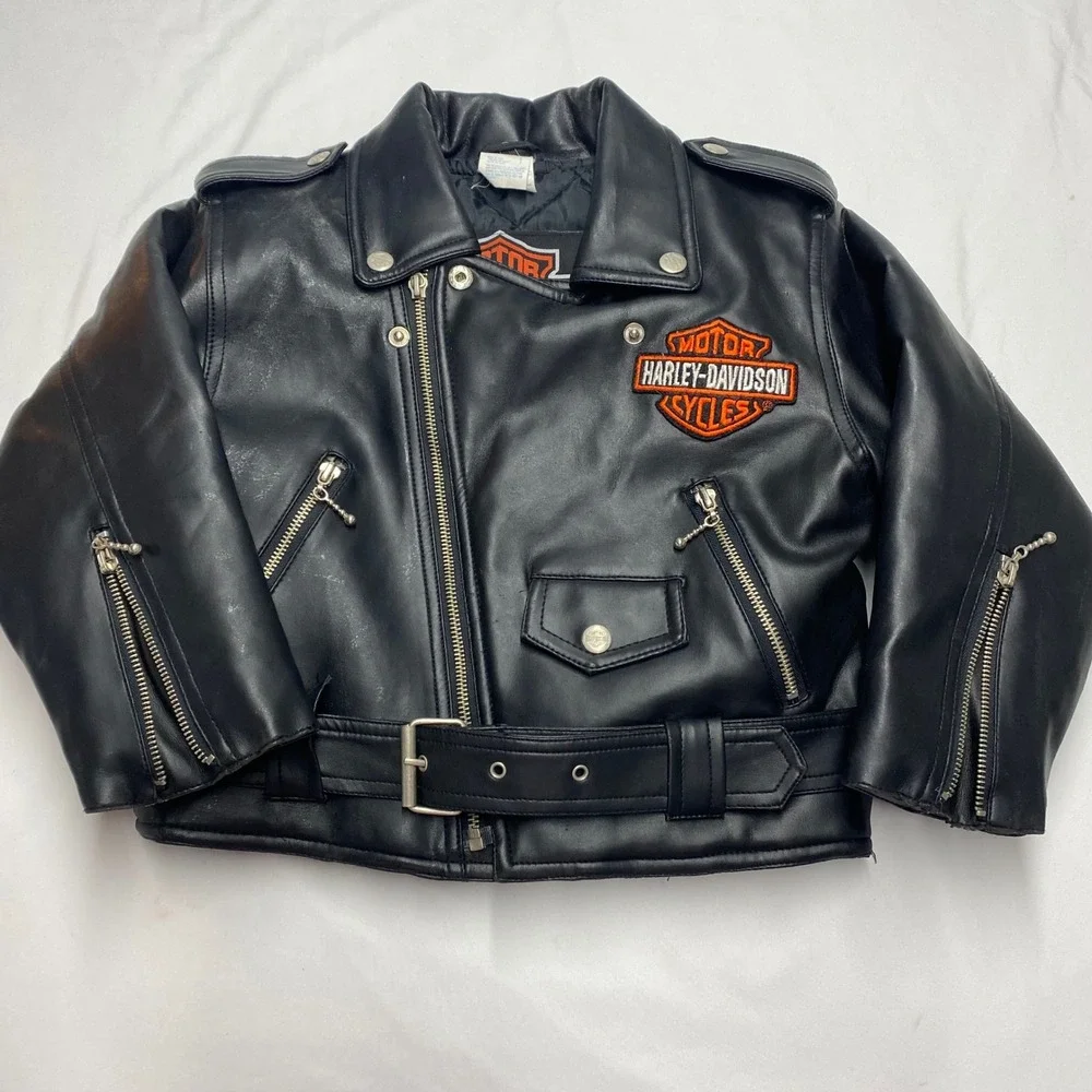 Harley-Davidson Kids Black Faux Leather Biker Jacket Embroidered Size 6